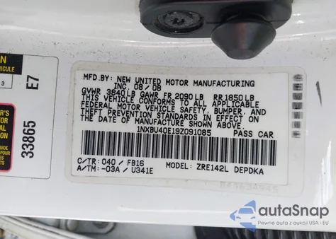 2009 Toyota Corolla Le z USA, uszkodzony, nr VIN 1NXBU40E19Z091085